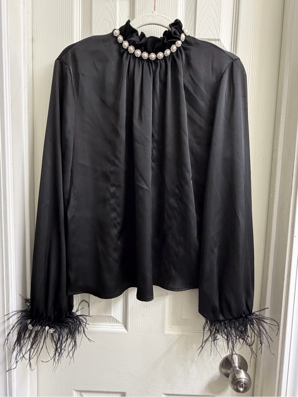 Black Feather-Trim Mock Neck Women's Top